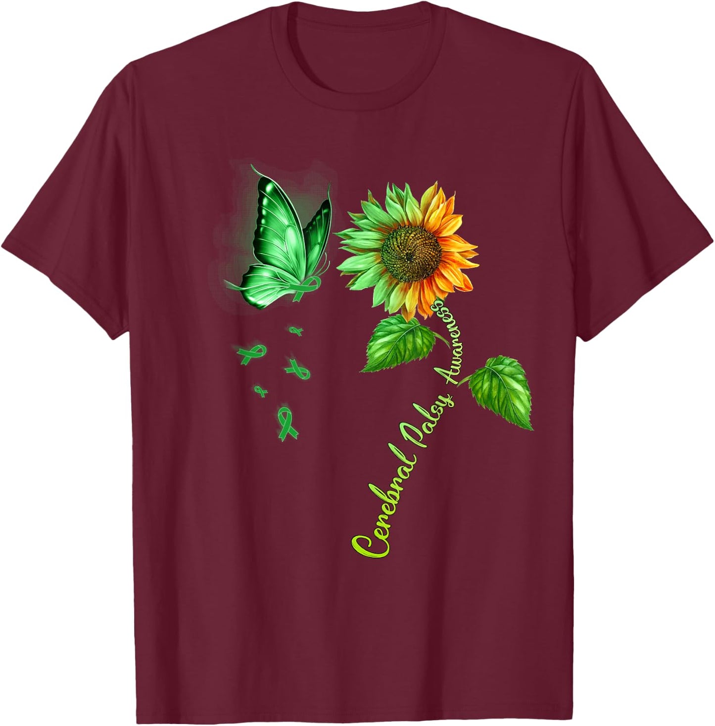 Butterfly Sunflower Cerebral Palsy Awareness T-Shirt - T-Shirt | Maroon
