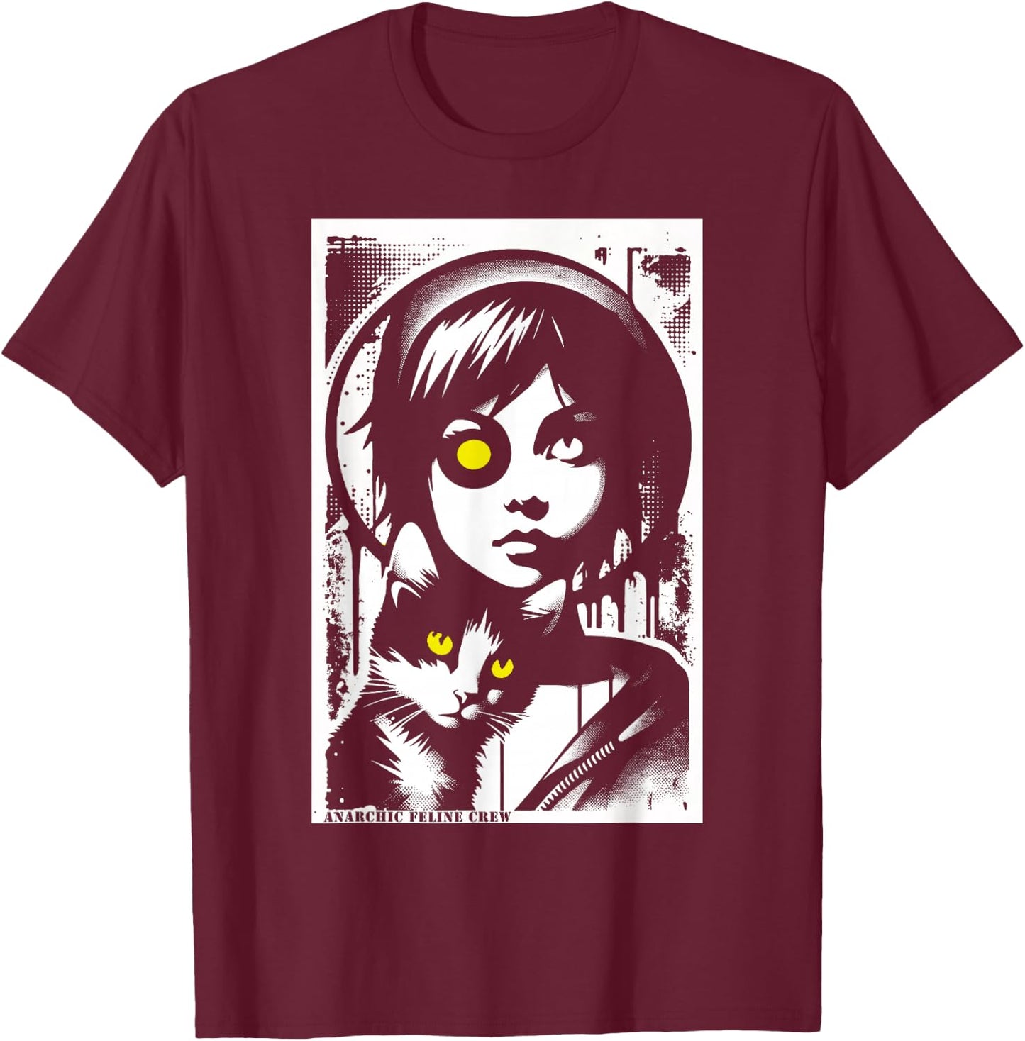 Punk Girl and Cat Graffiti Grunge 90s Distressed Vintage T-Shirt - T-Shirt | Maroon