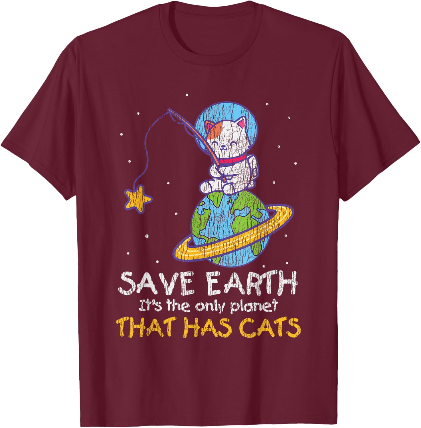 Vintage Save Earth That Has Cat Funny Earth Day Cat Lover T-Shirt - T-Shirt | Maroon