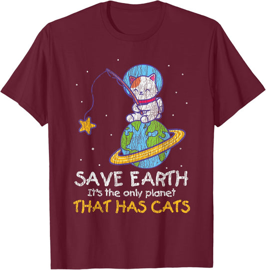 Vintage Save Earth That Has Cat Funny Earth Day Cat Lover T-Shirt - T-Shirt | Maroon