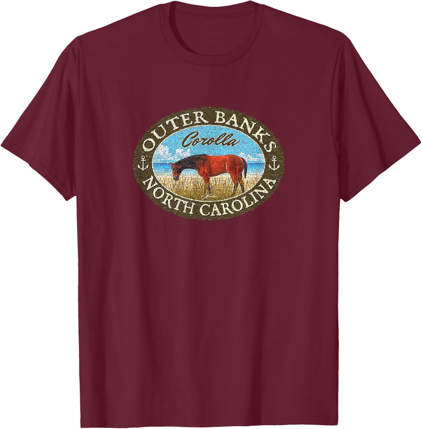 JCombs: Corolla, Outer Banks, NC, with Corolla Wild Horse T-Shirt - T-Shirt | Maroon
