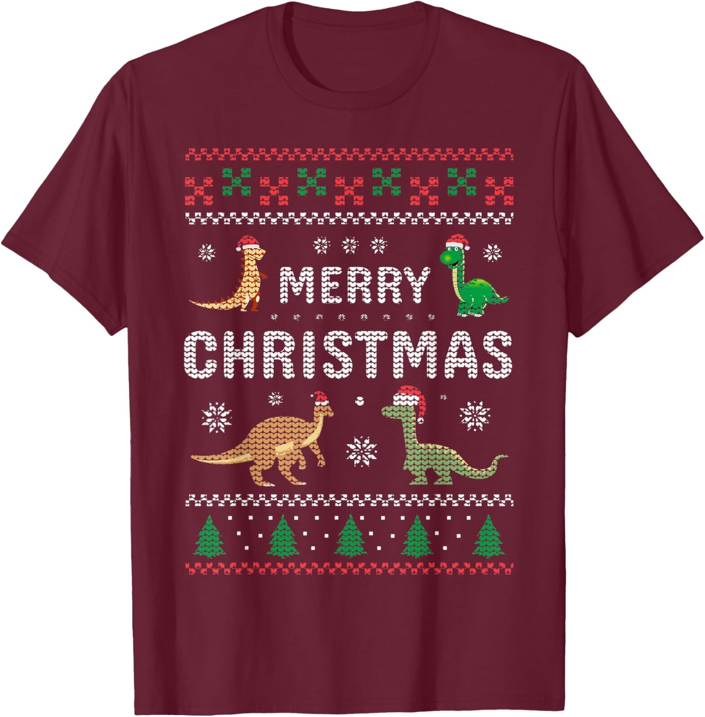 Merry Xmas Holiday Clothing Funny Dinosaur Ugly Christmas T-Shirt - T-Shirt | Maroon
