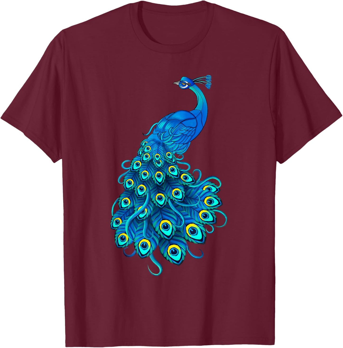 Blue Peacock Print Teal Feathers Bird Lover Men Women Gifts T-Shirt - T-Shirt | Maroon