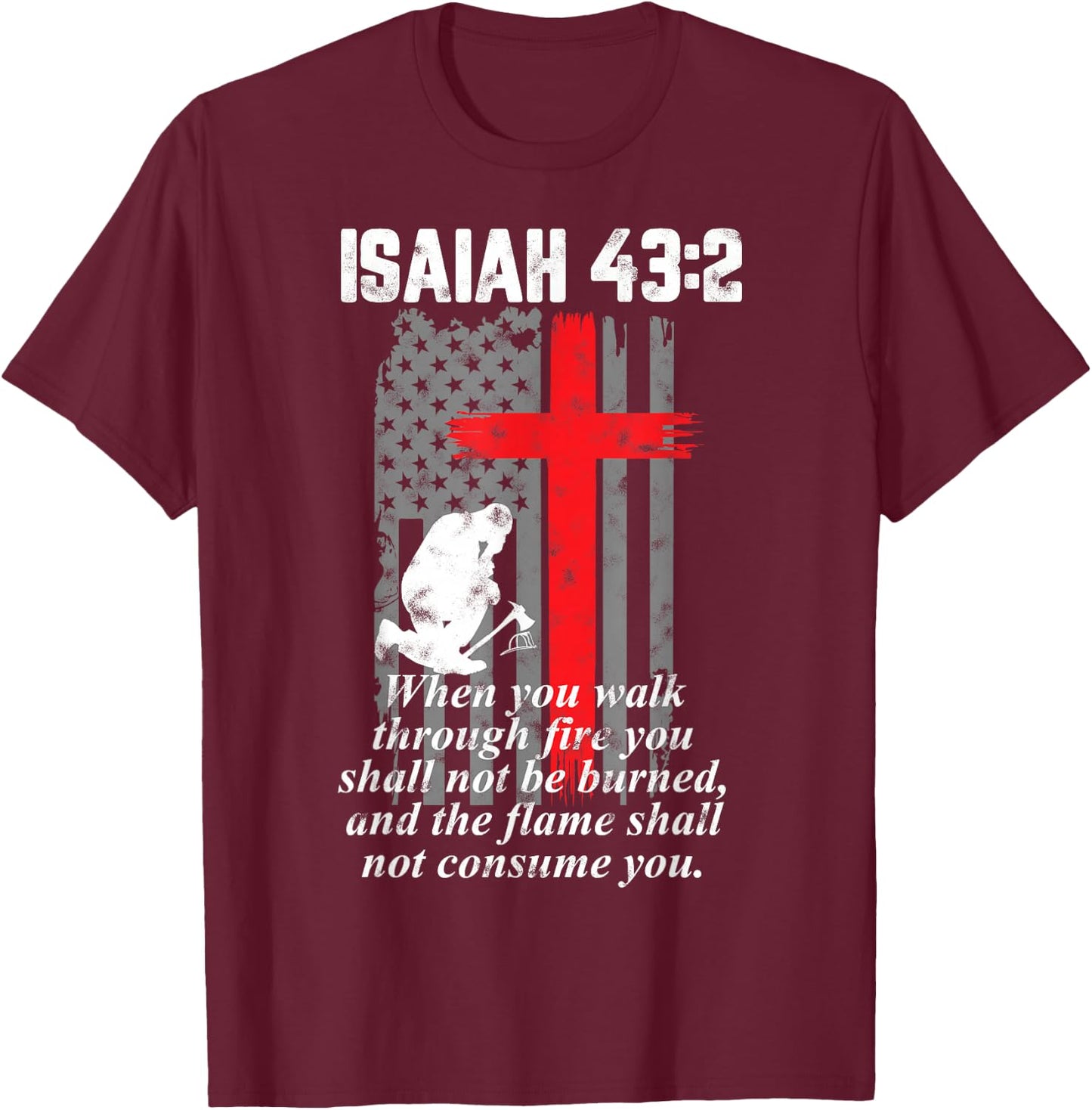 Thin Red Line Firefighter Cross Bible Verse American Flag Small T-Shirt - T-Shirt | Maroon