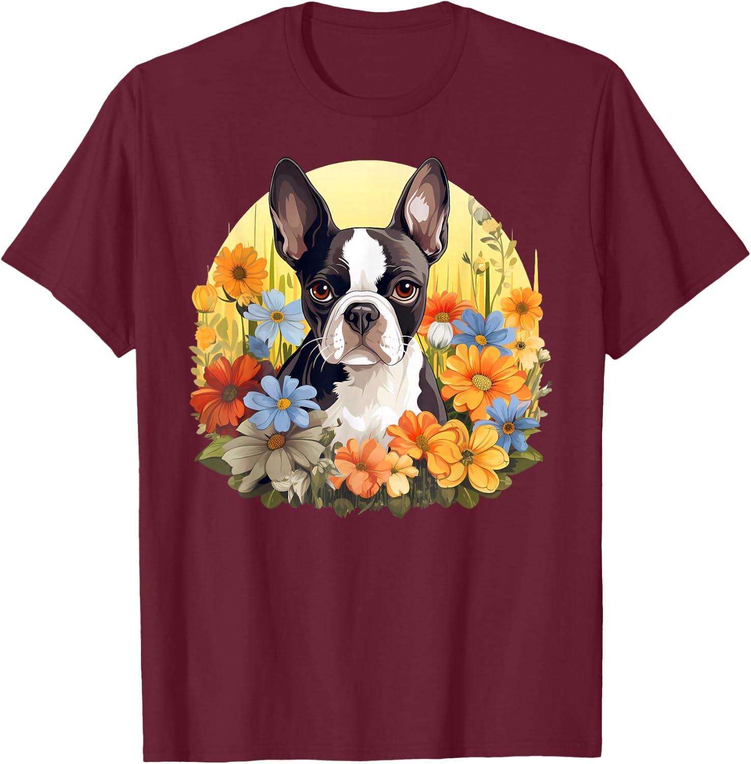 Cute Boston Terrier Spring Flower Garden Colorful Puppy Dog T-Shirt - T-Shirt | Maroon