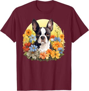 Cute Boston Terrier Spring Flower Garden Colorful Puppy Dog T-Shirt - T-Shirt | Maroon