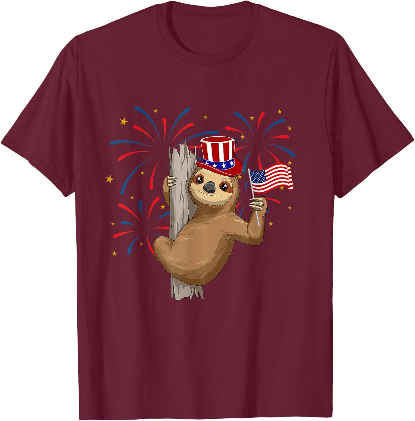 Funny 4th of July Sloth With American Flag Patriotic T-Shirt - T-Shirt | Maroon