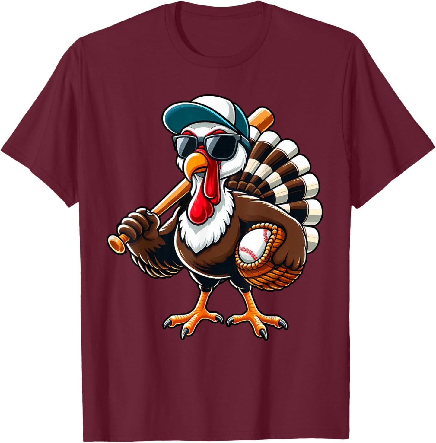 Turkey Baseball Thanksgiving Fall Turkey Playing Baseball T-Shirt - T-Shirt | Maroon