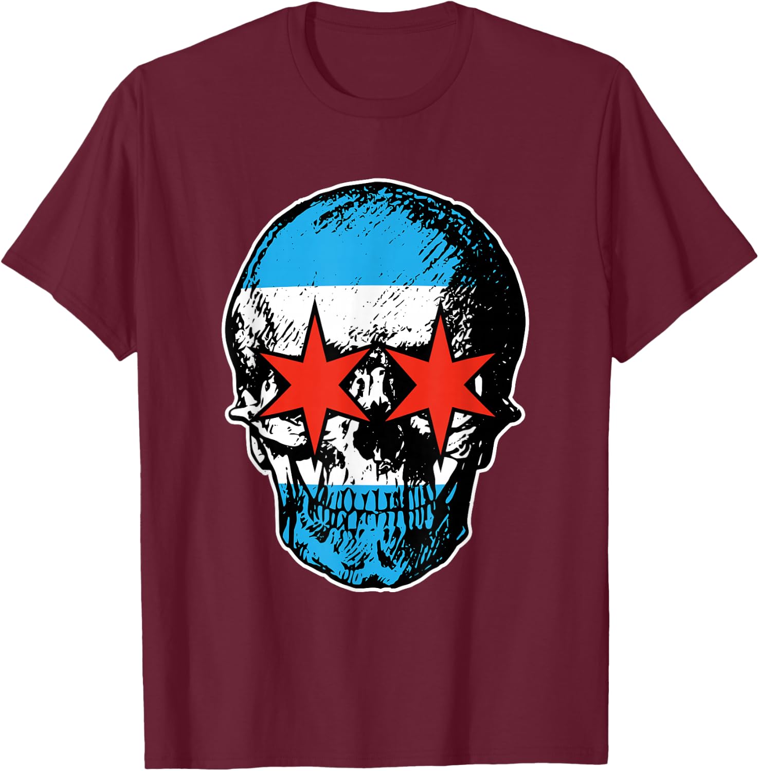 Chicago Flag Skull City Pride T-Shirt - T-Shirt | Maroon