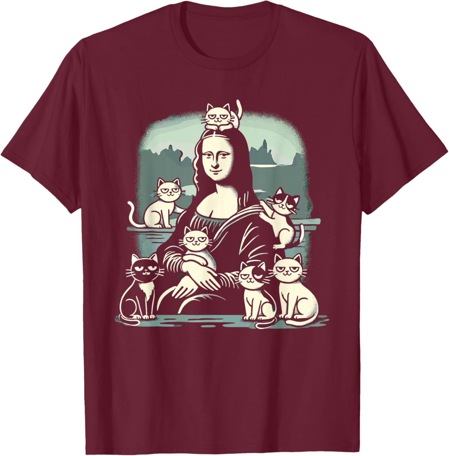 Retro Mona Lisa with Cats Novelty Men Women Kids Funny Cat T-Shirt - T-Shirt | Maroon