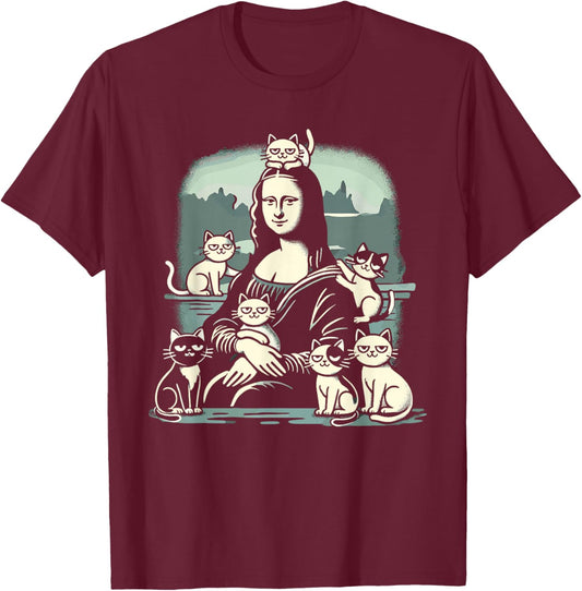 Retro Mona Lisa with Cats Novelty Men Women Kids Funny Cat T-Shirt - T-Shirt | Maroon