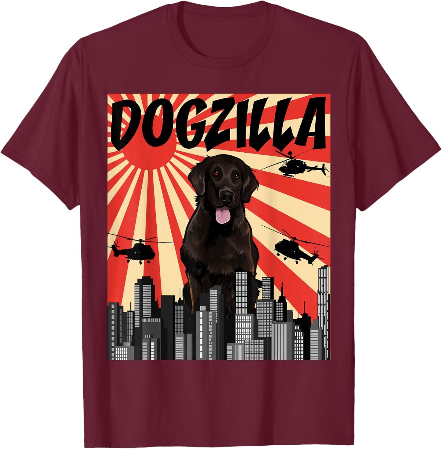 Funny Retro Japanese Dogzilla Flat-Coated Retriever T-Shirt - T-Shirt | Maroon