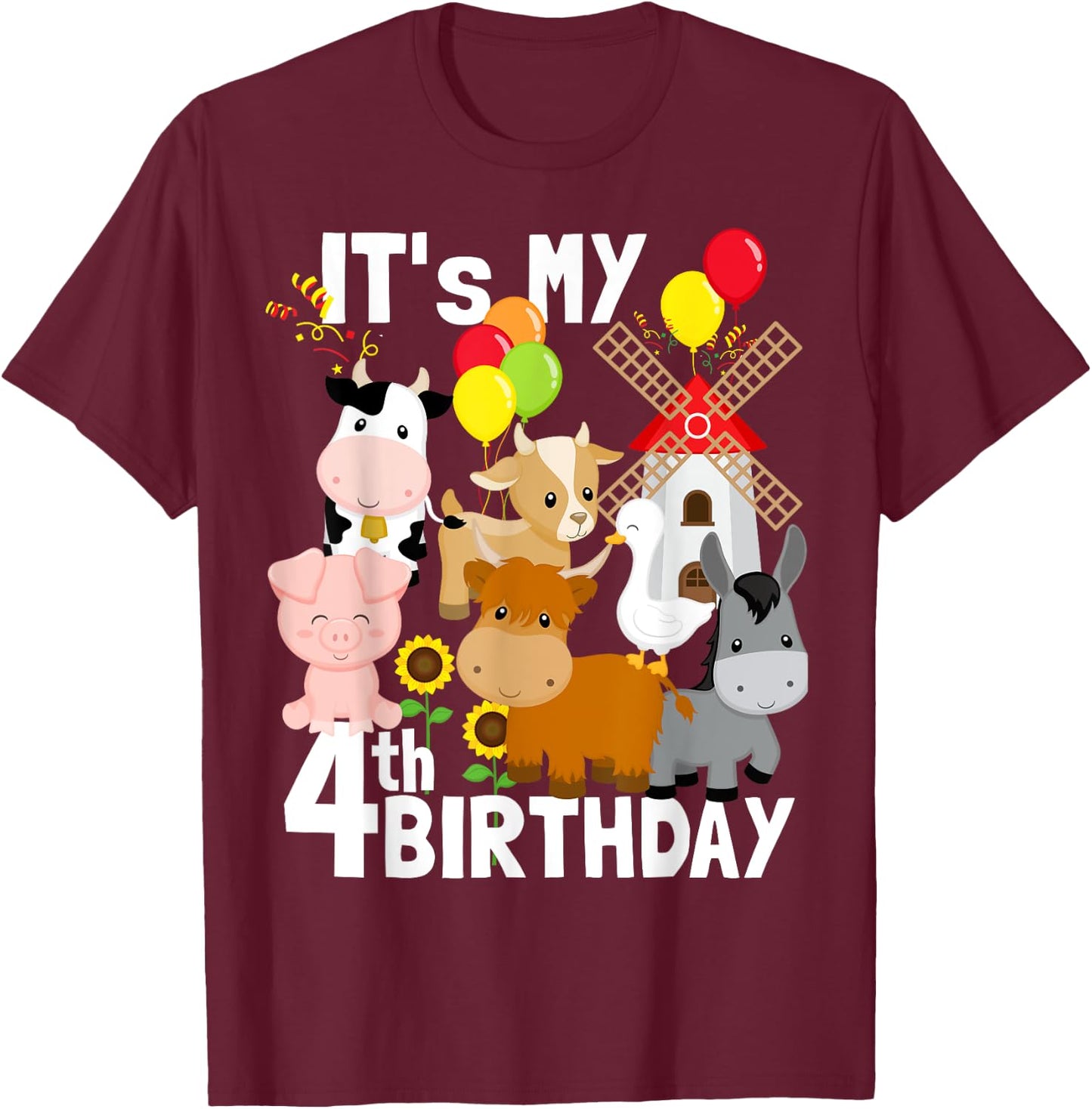 Farm Animals 4 Year Old It's My 4th Birthday Party Farm T-Shirt - T-Shirt | Maroon