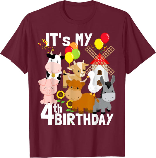 Farm Animals 4 Year Old It's My 4th Birthday Party Farm T-Shirt - T-Shirt | Maroon