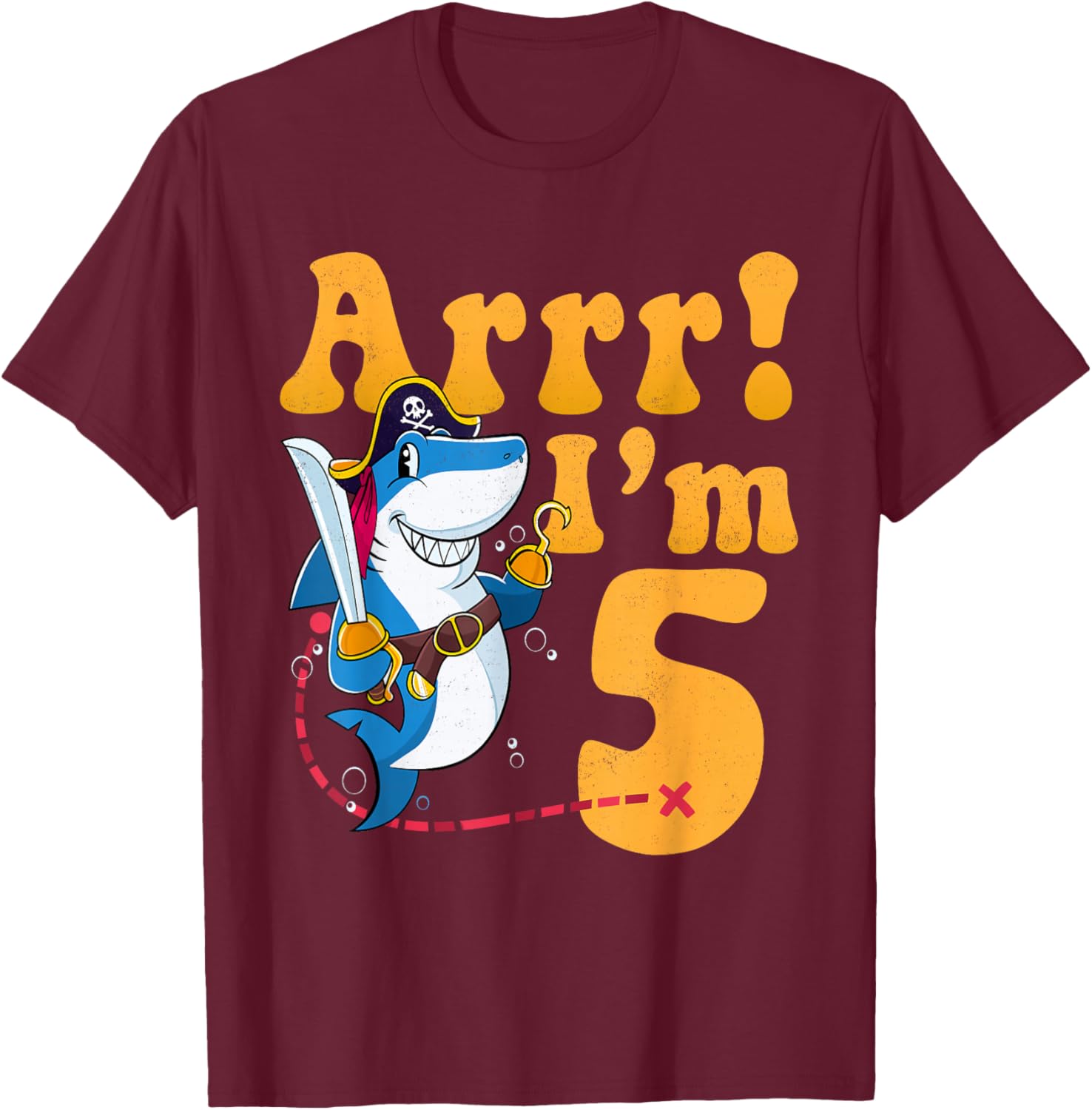 Kids 5th Shark Pirate Birthday Party 5 Five Years Old Boys T-Shirt - T-Shirt | Maroon