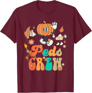 PEDS Crew Pumpkin Thanksgiving Fall Pediatric Nurse Retro T-Shirt - T-Shirt | Maroon