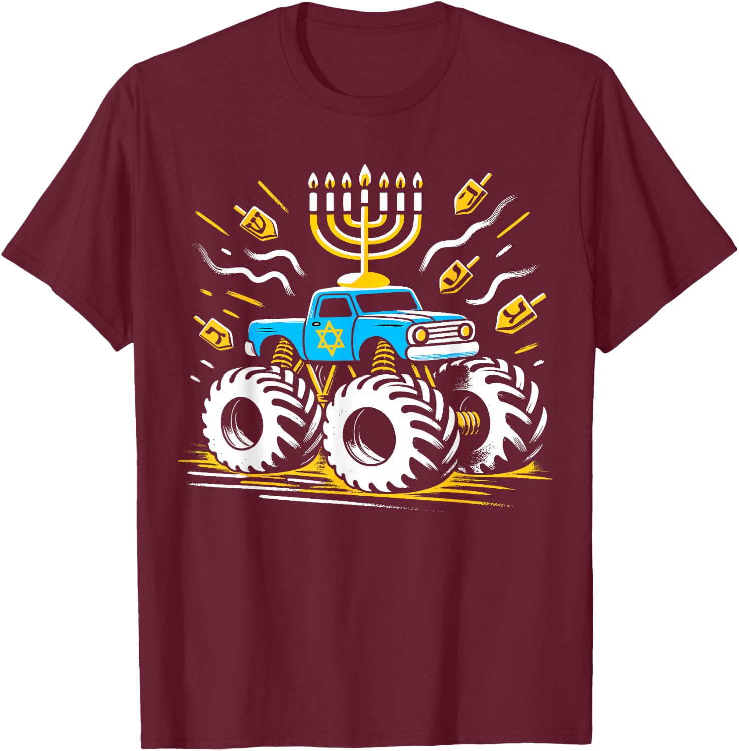 Monster Truck Menorah Dreidel Toddler Boys Hanukkah T-Shirt - T-Shirt | Maroon