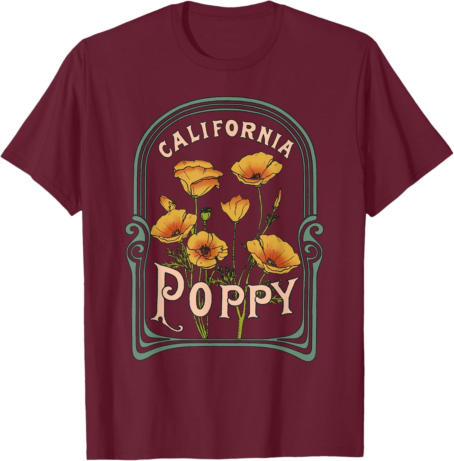 California Poppy Creative Outline and Picture T-Shirt - T-Shirt | Maroon