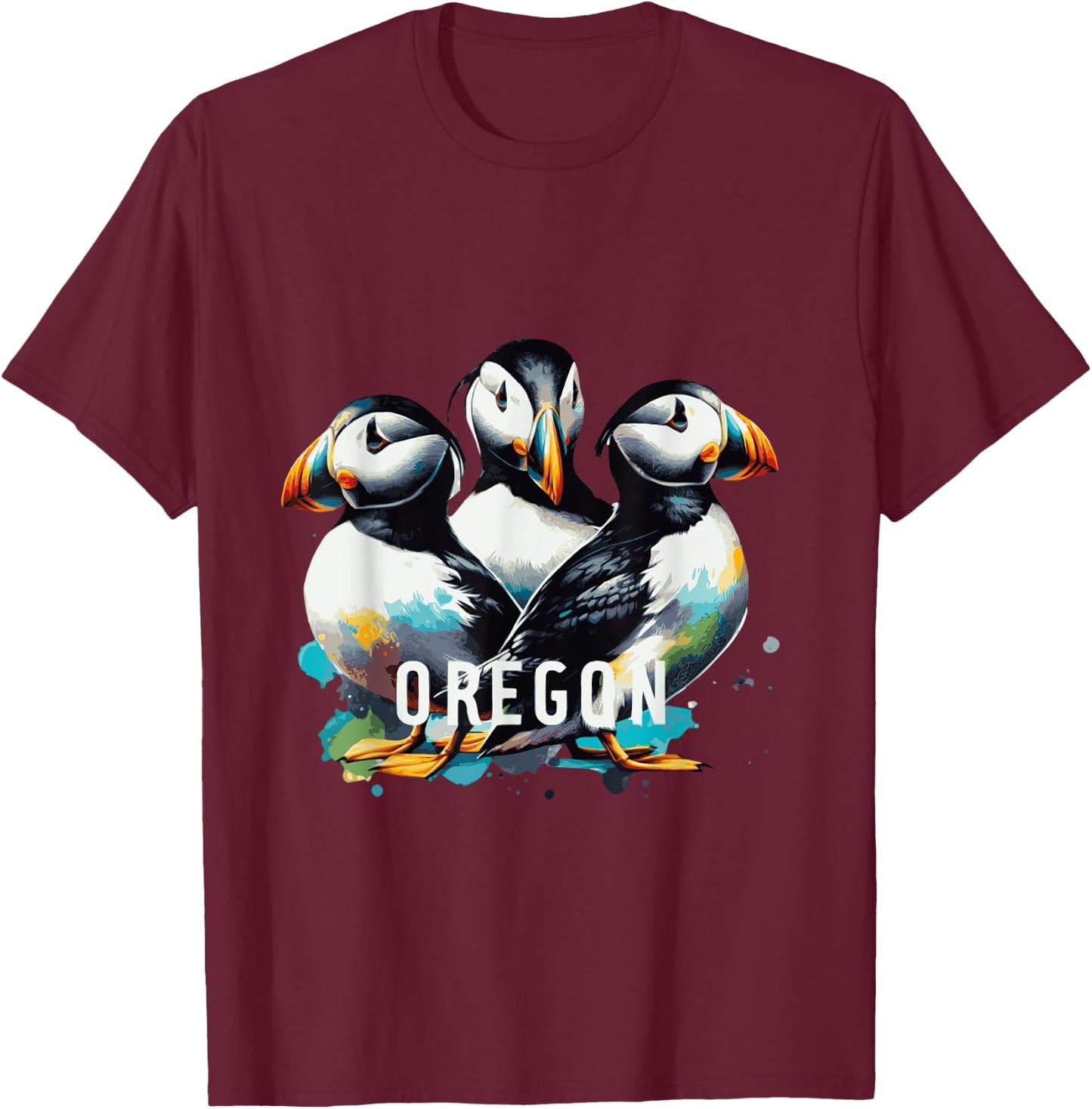 Oregon Puffins Cute birds water color T-Shirt - T-Shirt | Maroon