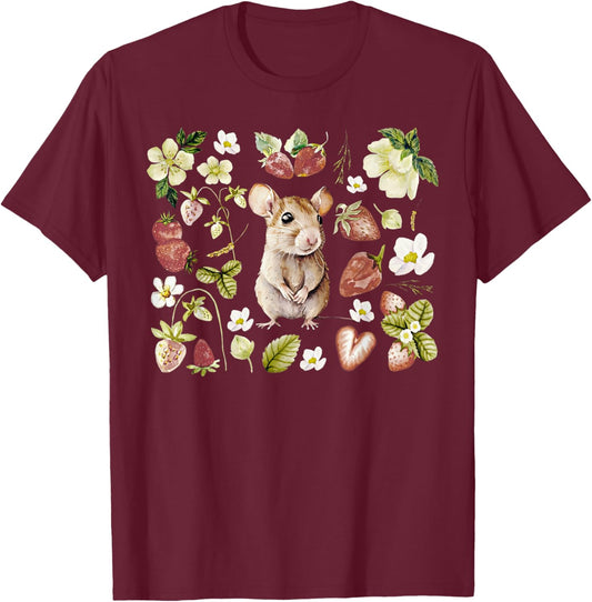 Cute Cottagecore Rat Strawberry Floral Aesthetic Rat Lover T-Shirt - T-Shirt | Maroon