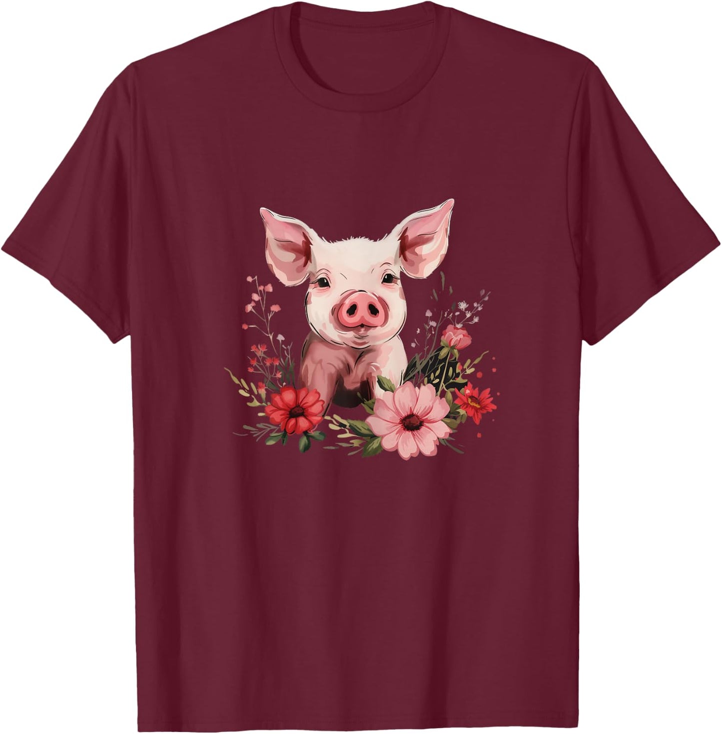 Pig Vintage Flowers Funny Cute Farm Animal Farming Farmer T-Shirt - T-Shirt | Maroon