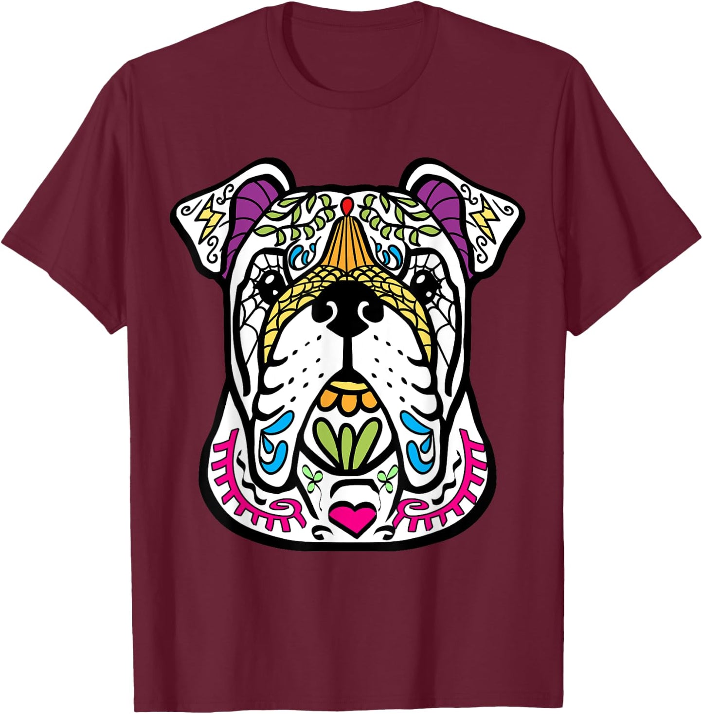 English Bulldog - Day Of The Dead Sugar Skull Dog Gift Women Kids T-Shirt - T-Shirt | Maroon