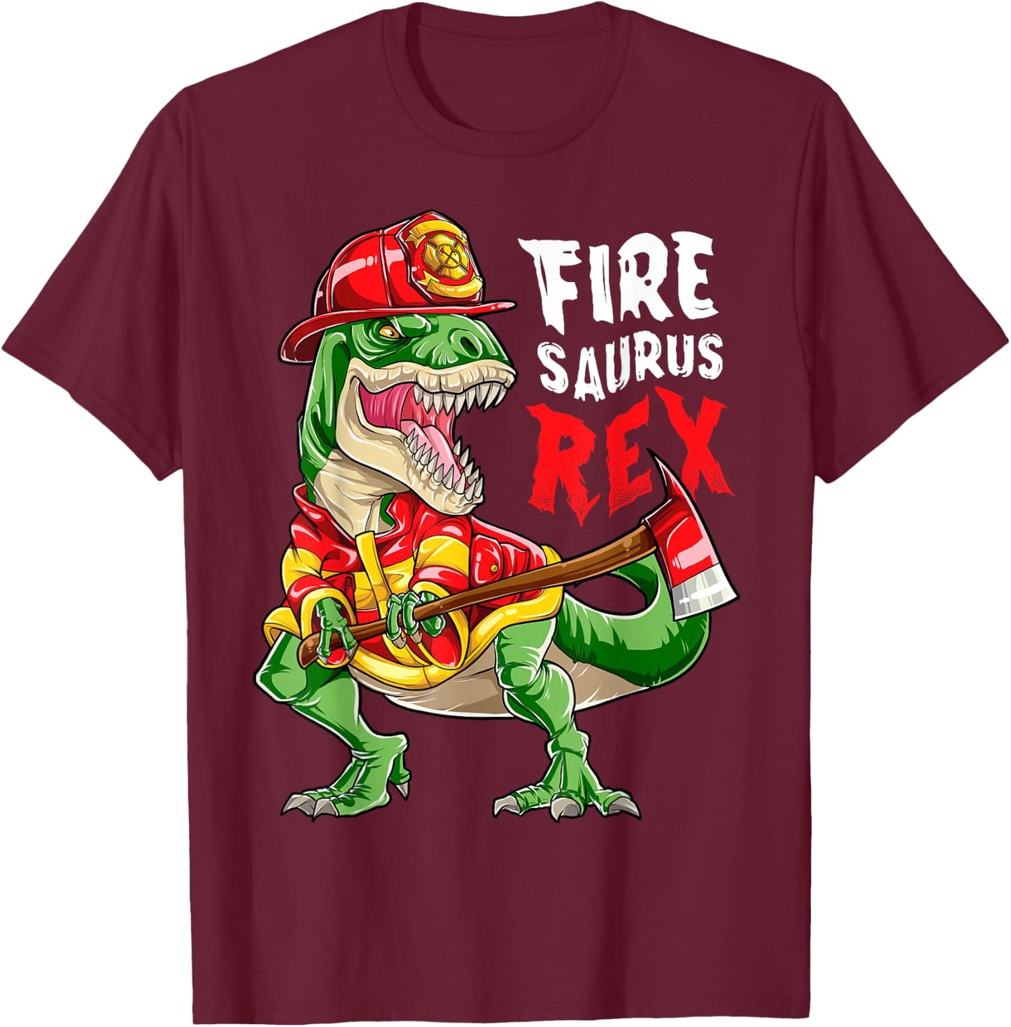 Dinosaur Firefighter Thin Red Line Men T rex Firefighting T-Shirt - T-Shirt | Maroon
