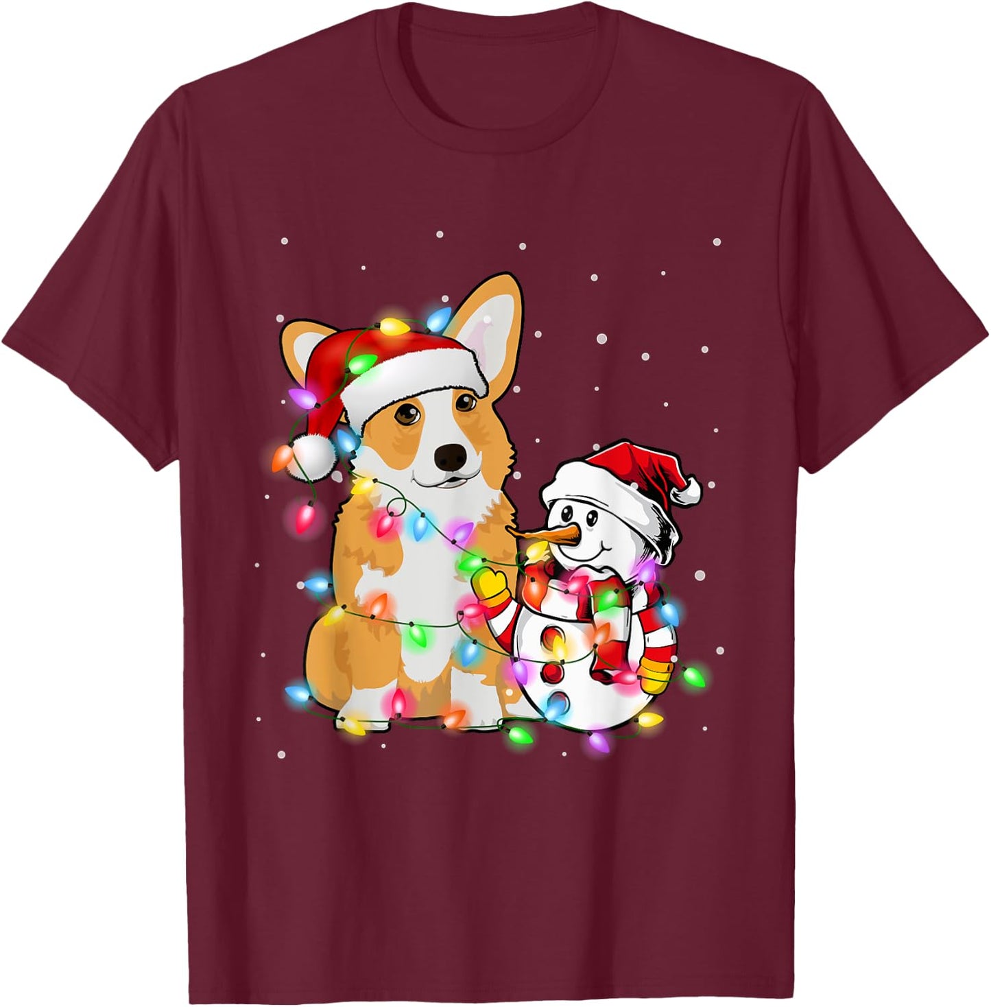 Funny Corgi Dog Christmas Snowman Xmas Lights Pajama T-Shirt - T-Shirt | Maroon