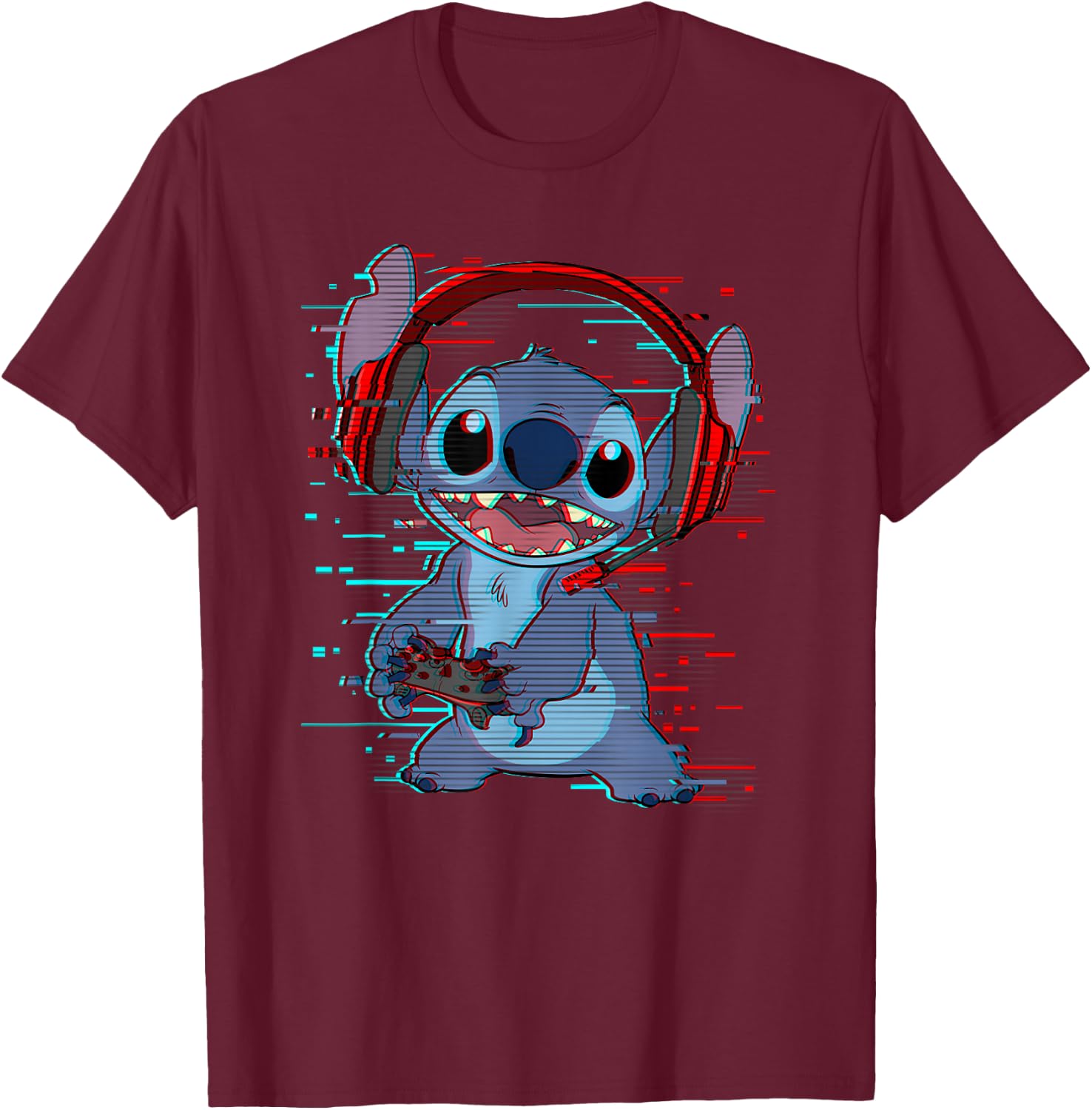Disney Lilo & Stitch Gamer Glitch Headset and Controller T-Shirt - T-Shirt | Maroon