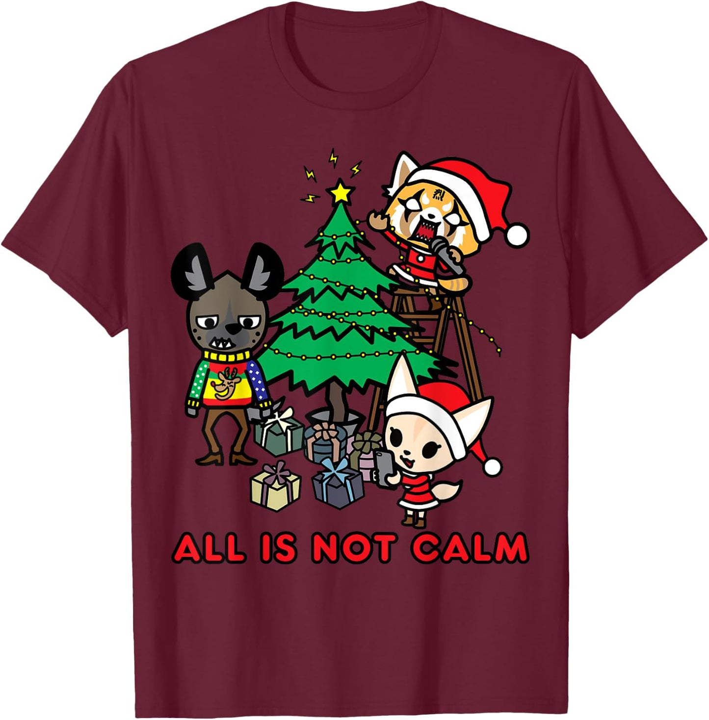 Aggretsuko All is Not Calm Christmas T-Shirt - T-Shirt | Maroon
