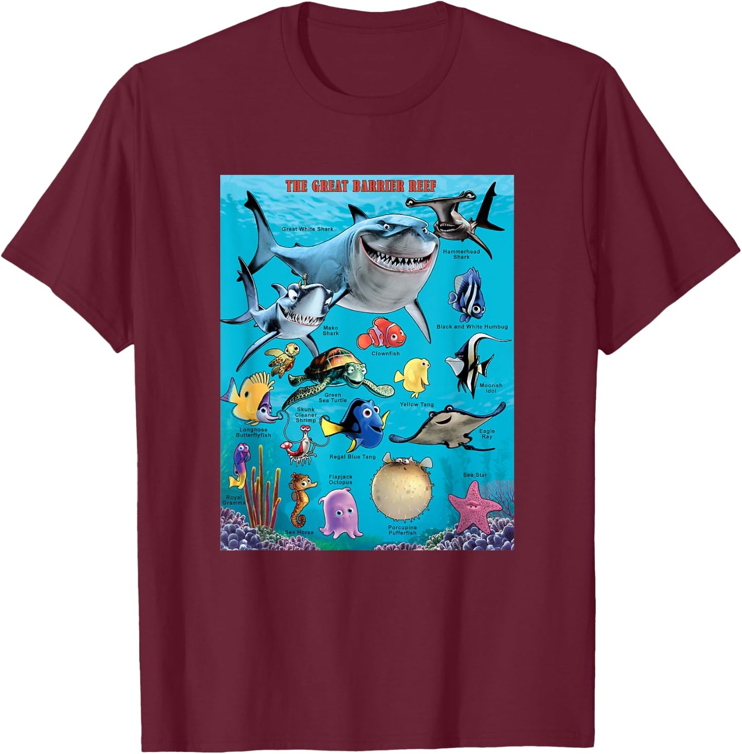 Disney Pixar Finding Nemo The Great Barrier Reef Group Shot T-Shirt - T-Shirt | Maroon