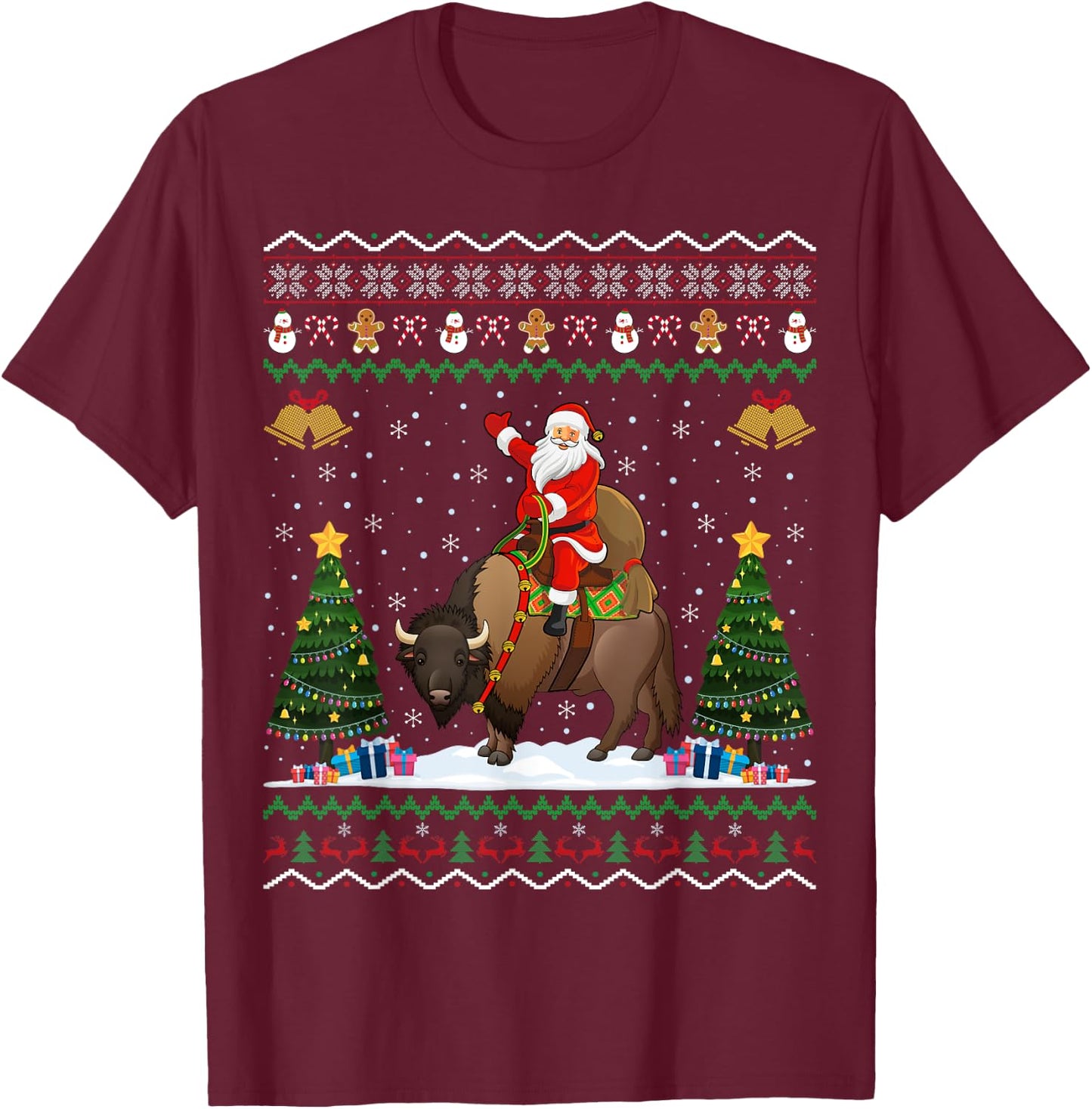 Bison Ugly Xmas Gift Santa Riding Bison Christmas T-Shirt - T-Shirt | Maroon