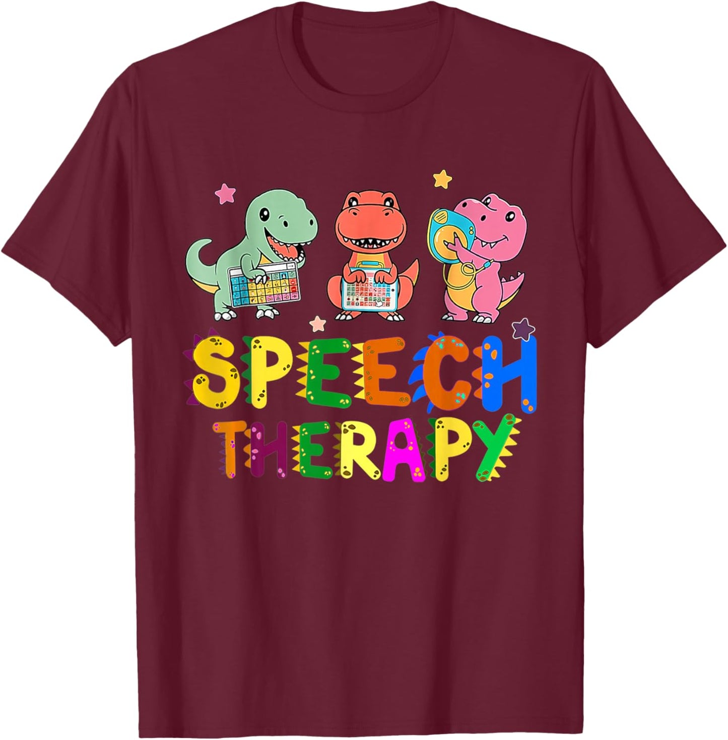 Speech Therapy Cute Dinosaur Gifts -Adult Black Small Short Sleeve Cartoon Cute Dinosaur-Theme T-Shirt - T-Shirt | Maroon