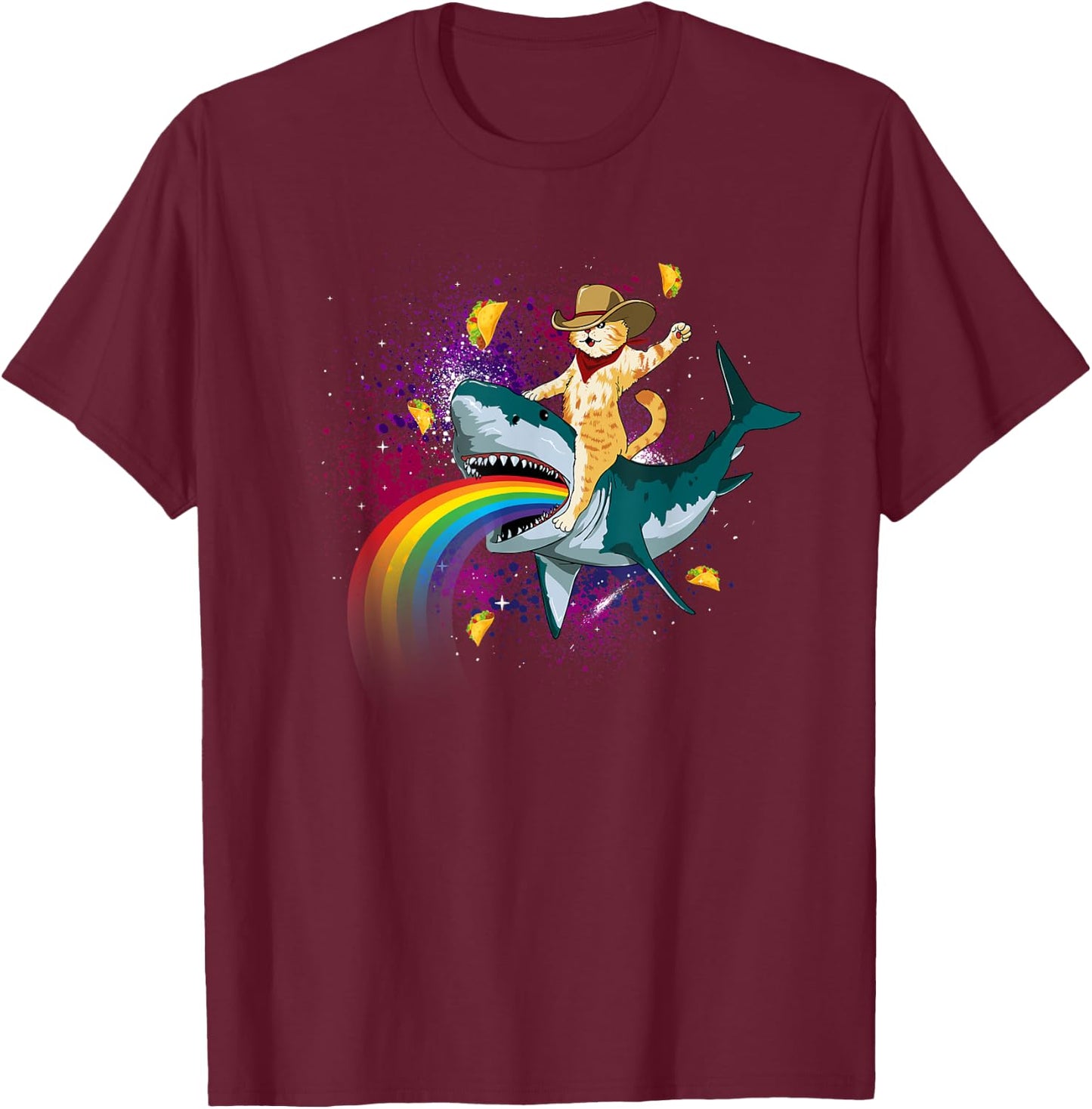 Western Cowboy Cat Riding A Shark In Taco Space Rainbow T-Shirt - T-Shirt | Maroon