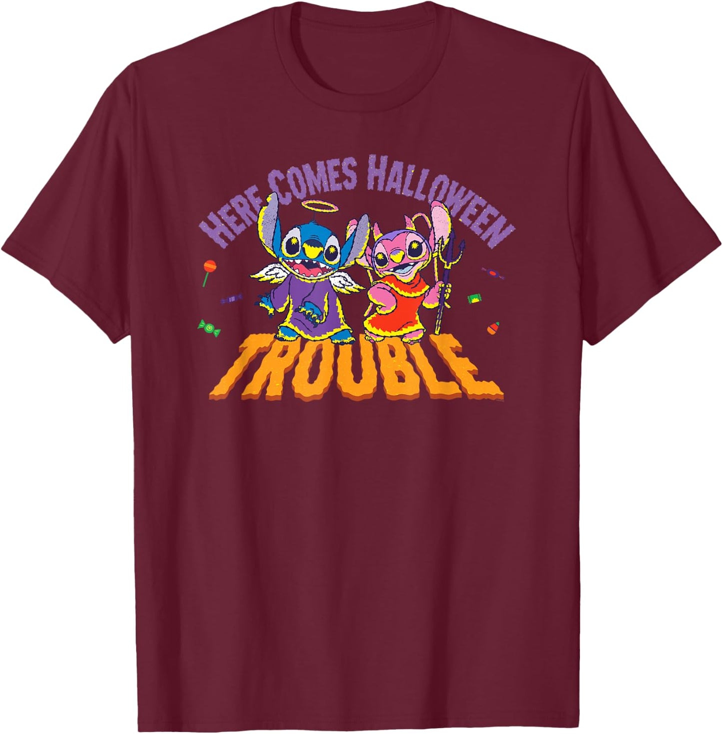 Disney Stitch & Angel Here Comes Halloween Trouble T-Shirt - T-Shirt | Maroon