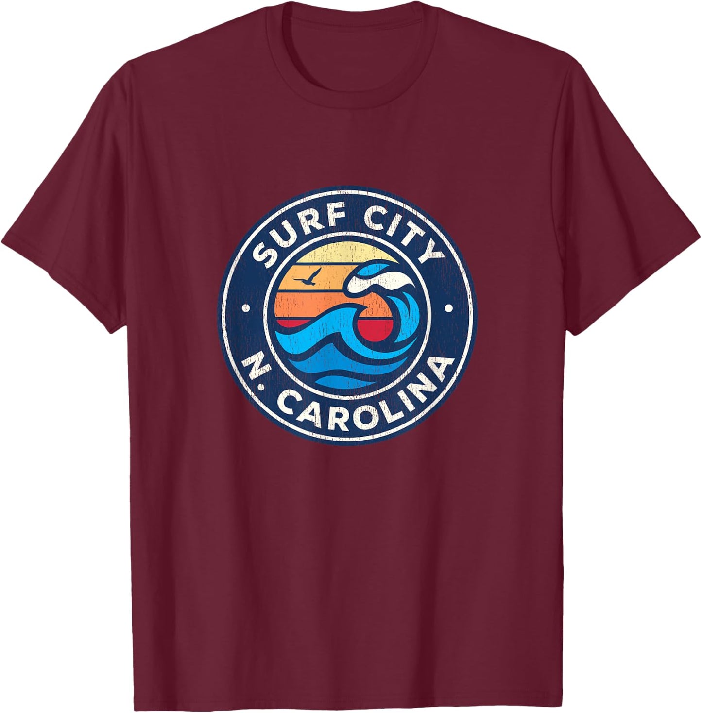 Surf City North Carolina NC Vintage Nautical Waves Design T-Shirt - T-Shirt | Maroon