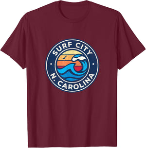 Surf City North Carolina NC Vintage Nautical Waves Design T-Shirt - T-Shirt | Maroon