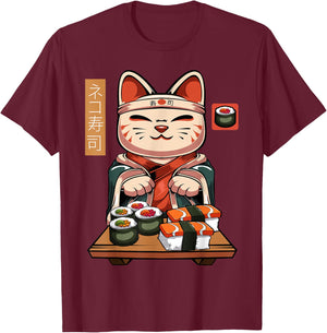 Kawaii Maneki Neko Sushi Cat - Cute Nigiri Sashimi Maki Chef T-Shirt - T-Shirt | Maroon