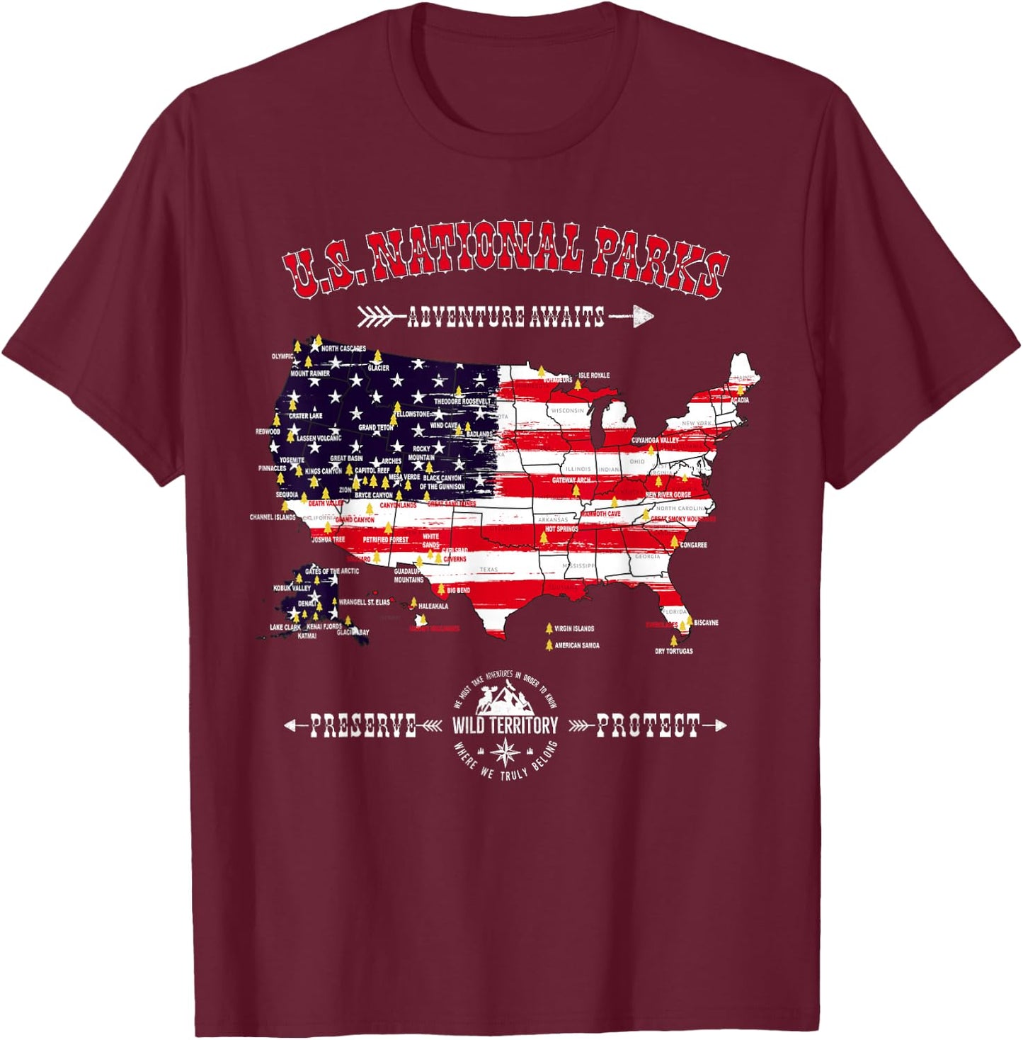63 National Parks Map - Vintage American Flag Hiking Camping T-Shirt - T-Shirt | Maroon