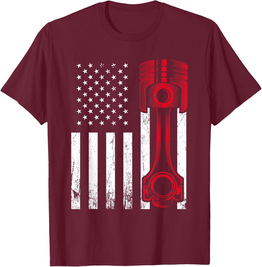 Car Enthusiast - American Flag Piston Muscle Car Gift T-Shirt - T-Shirt | Maroon