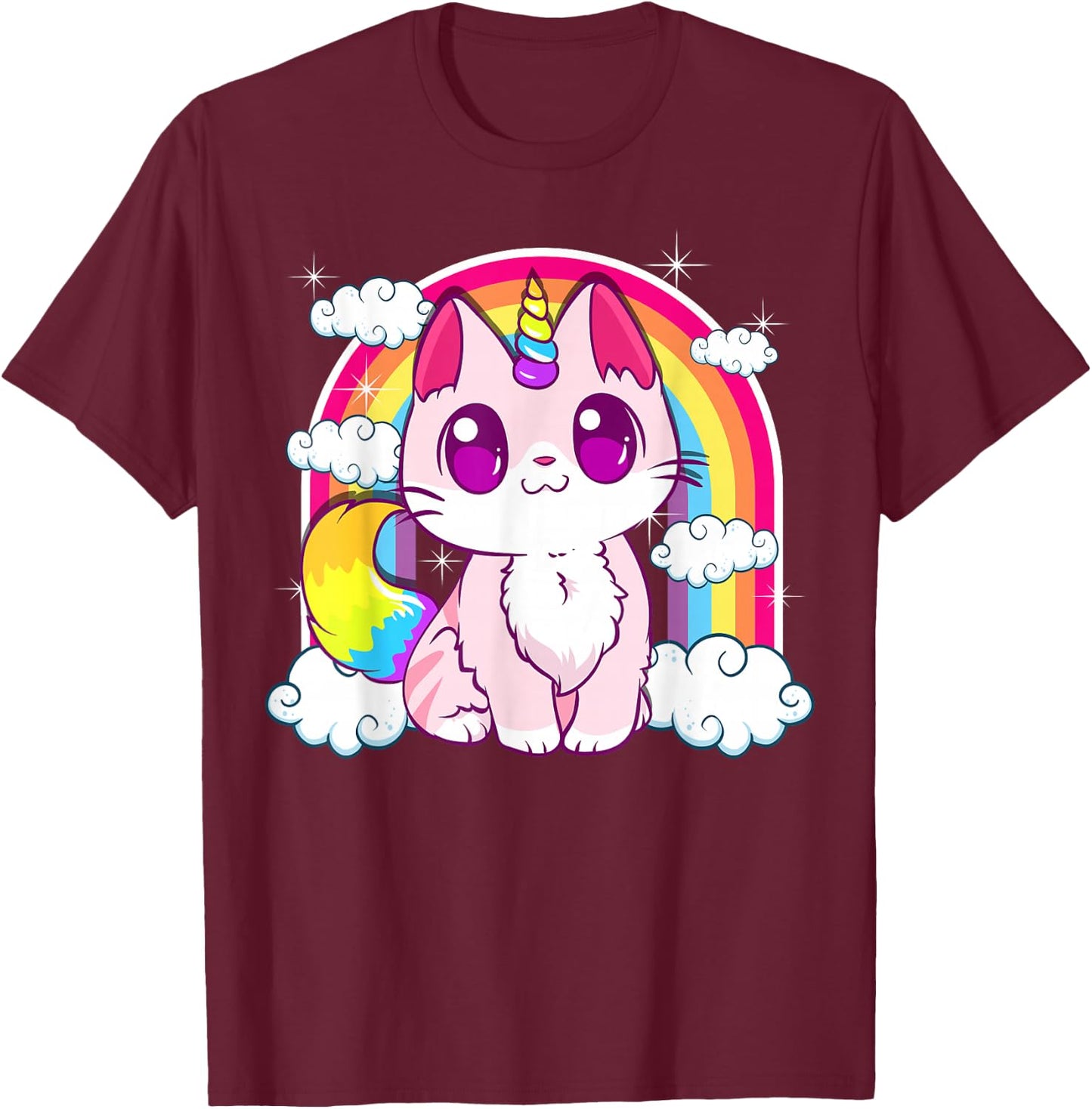 Cute Unicorn Cat Adorable Smiling Rainbow Kitty T-Shirt - T-Shirt | Maroon