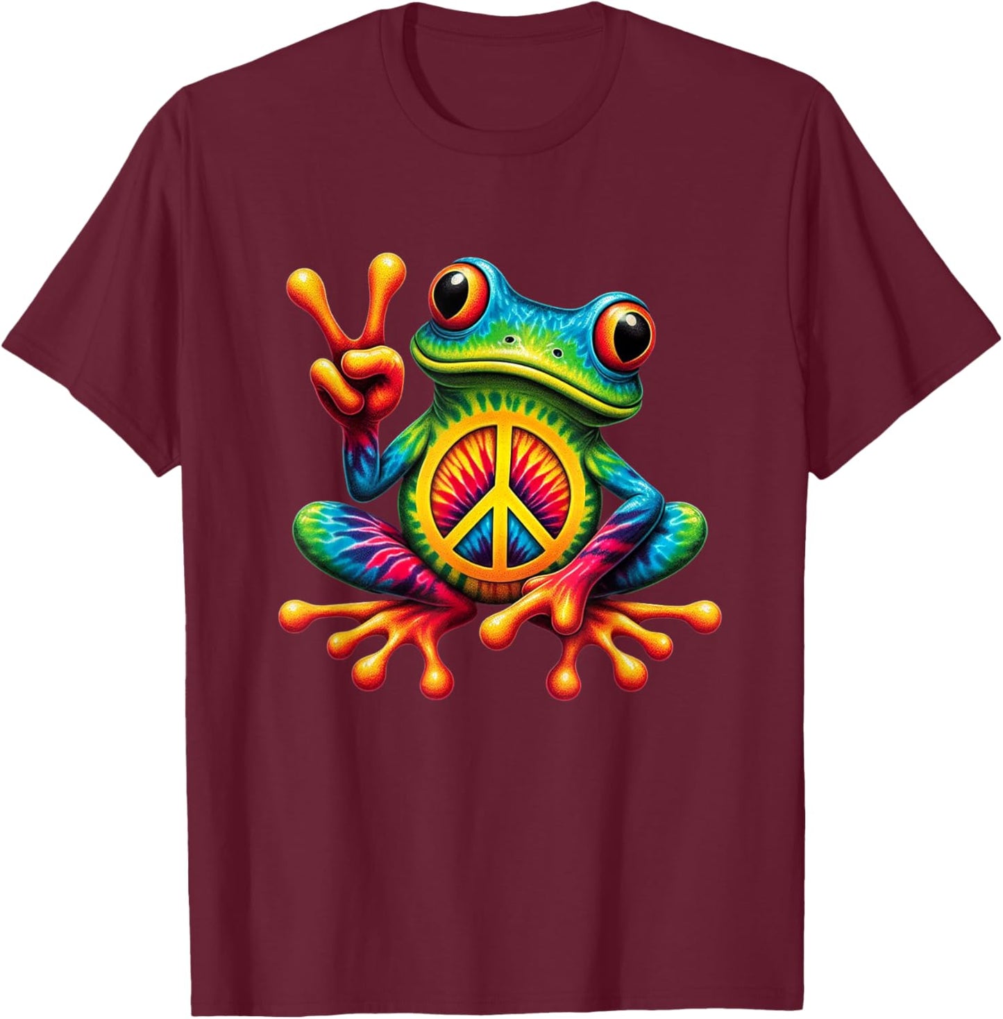 Tie-Dye Frog Holding Peace Sign Funny Hippie T-Shirt - T-Shirt | Maroon