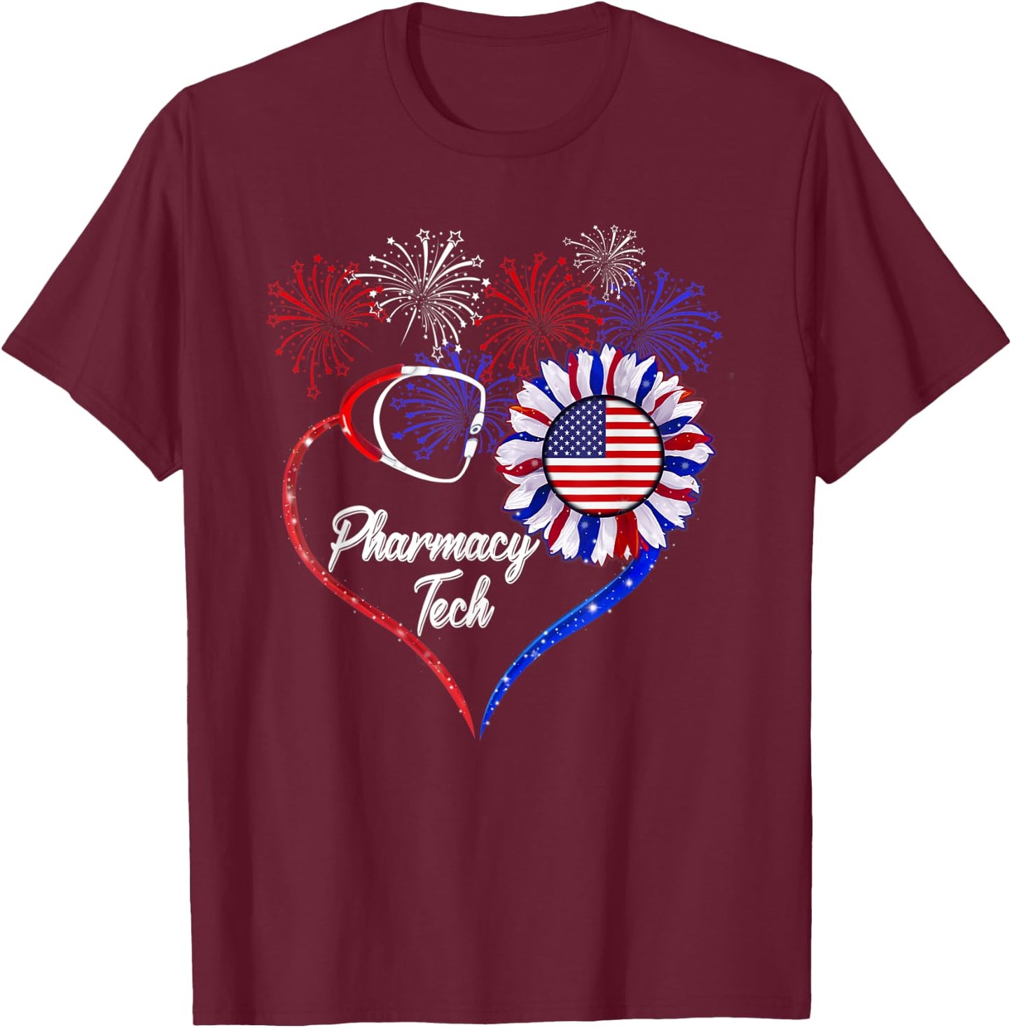 Patriotic Pharmacy Tech Sunflower 4th Of July American Flag Men T-Shirt - T-Shirt | Maroon