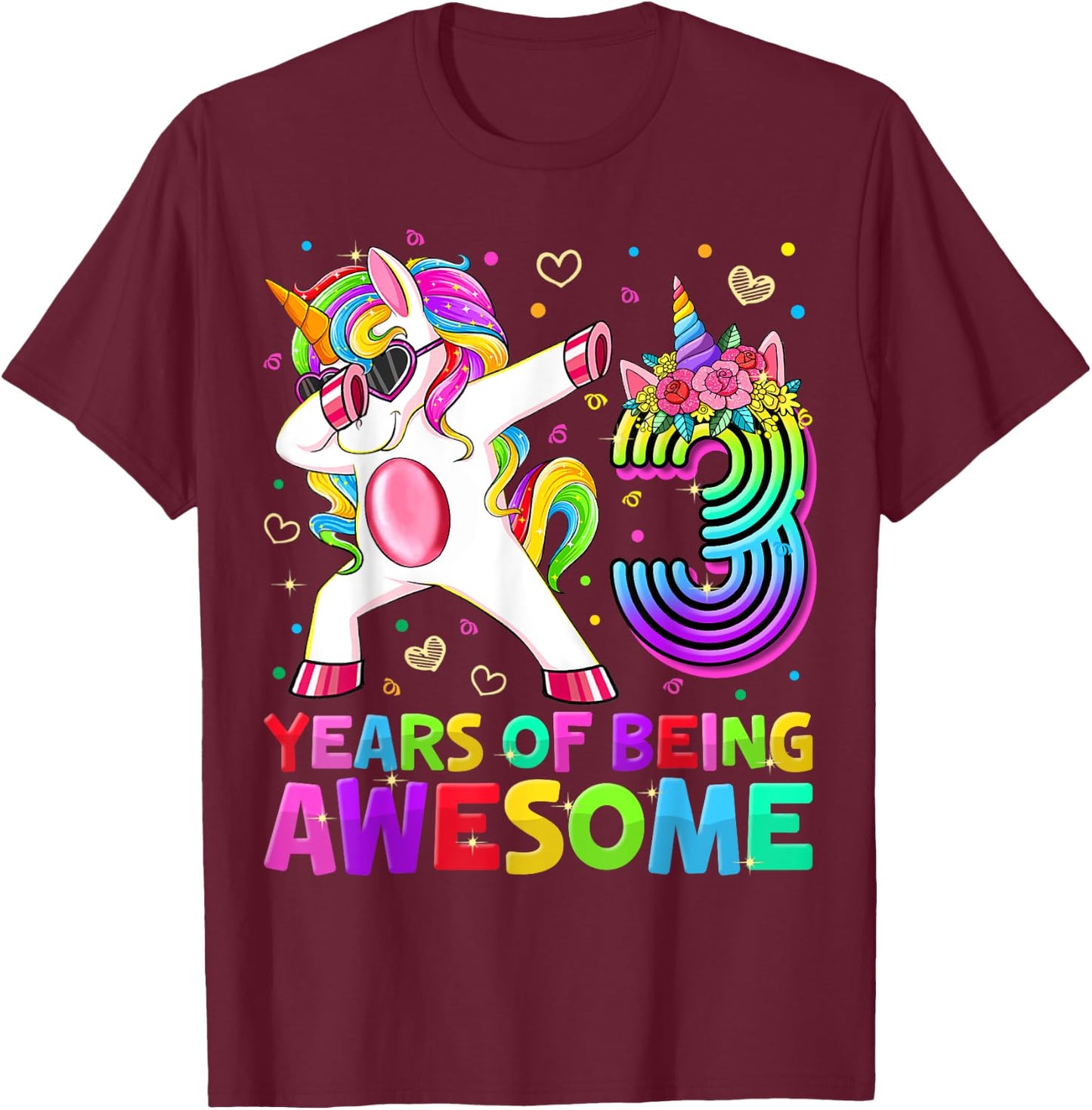 Cute 3rd Birthday Girl Dabbing Unicorn 3 Year Old Party Gift T-Shirt - T-Shirt | Maroon
