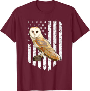 White American Flag Barn Owl Bird 4th Of July Women Men T-Shirt - T-Shirt | Maroon