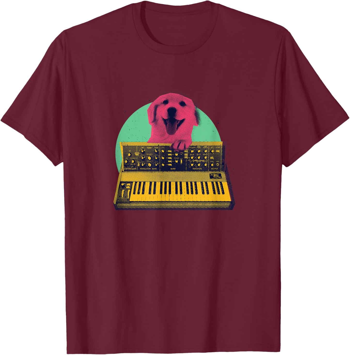 Musical Dog - Funny Design Of Dog Playing Keyboard Synth T-Shirt - T-Shirt | Maroon