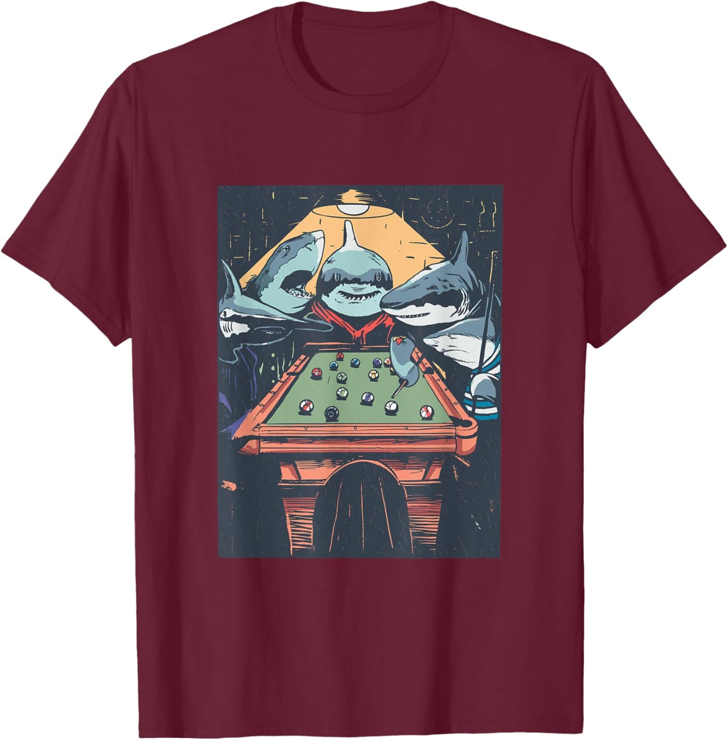Sharks Playing Pool Billiard Funny Cartoon Animal Graphic T-Shirt - T-Shirt | Maroon