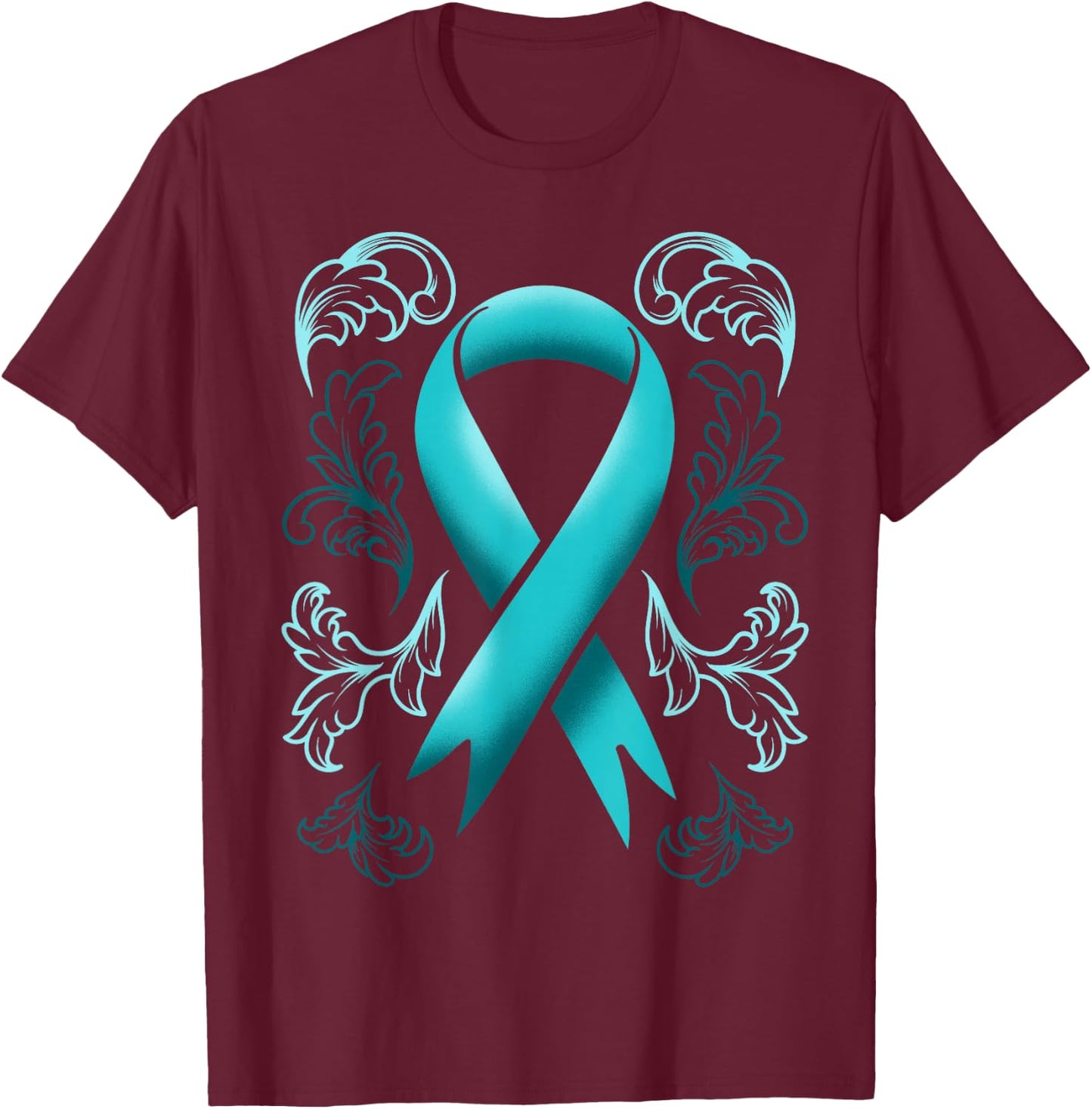 Ovarian Cancer Awareness Ribbon Teal Carcinoma Gynecology T-Shirt - T-Shirt | Maroon