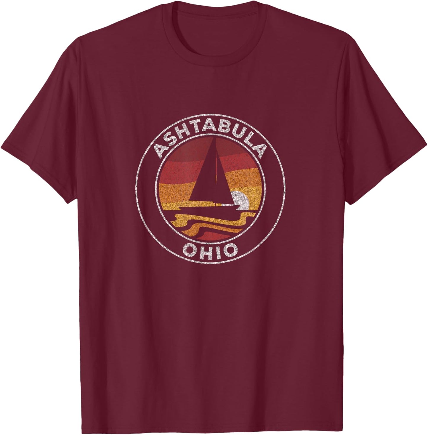 Ashtabula Ohio Vintage Sailboat 70s Retro Sunset T-Shirt - T-Shirt | Maroon
