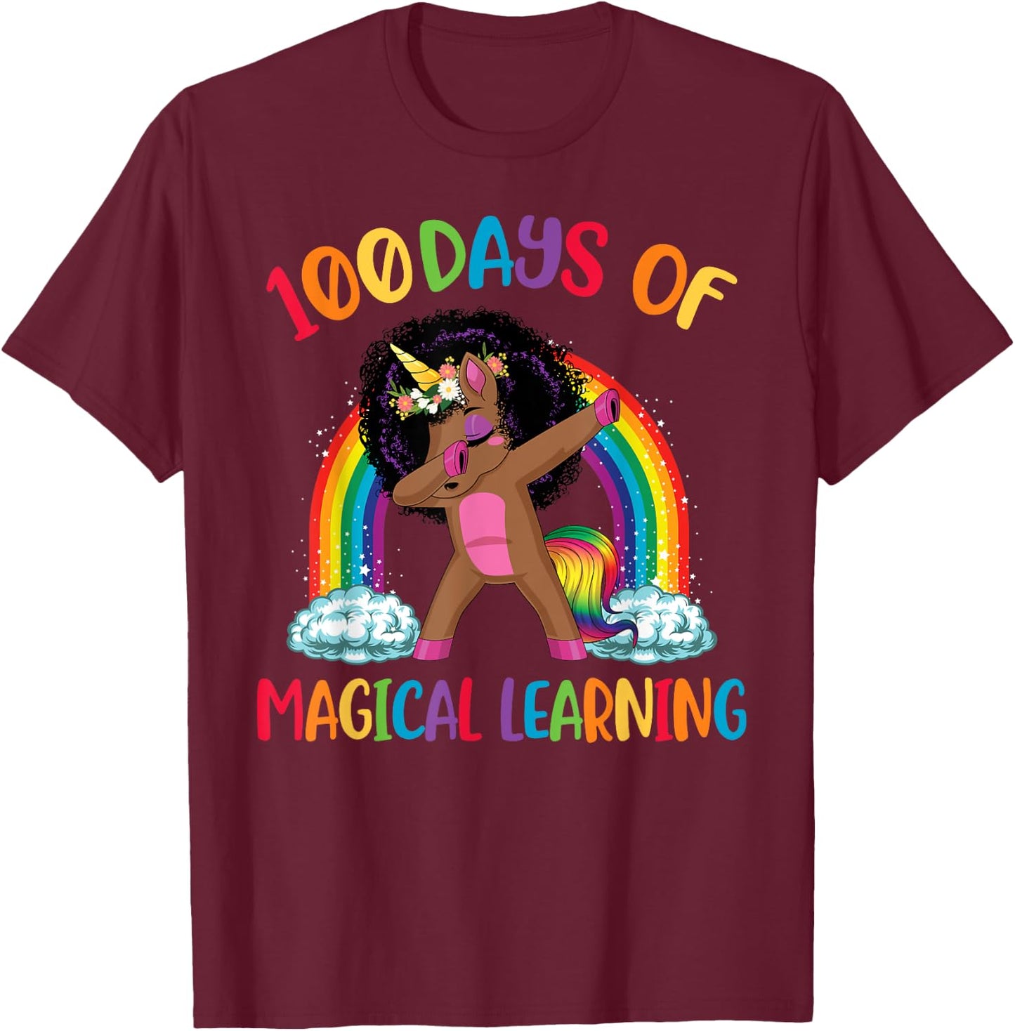 100 Days Of Magical Learning afro Black Dabbing Unicorn Girl T-Shirt - T-Shirt | Maroon